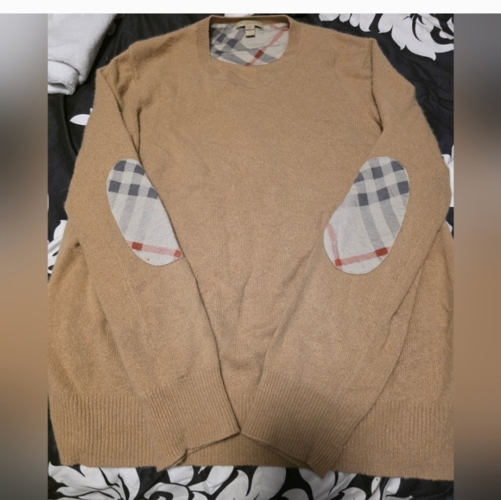 Burberry Camel Crewneck Sweater with Check Elbow Patches